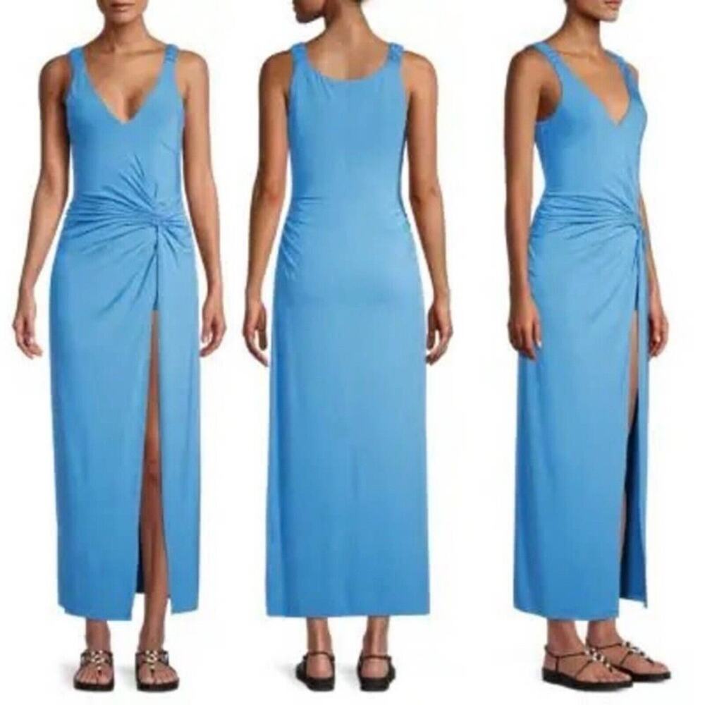 Rebecca Taylor Sleeveless Midi Dress L French Blue Modal Twist Front Slit $345